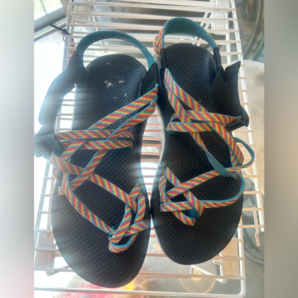 Chaco Multicolor Rainbow(pink treal and yellow) Strap Sandals with Black Soles